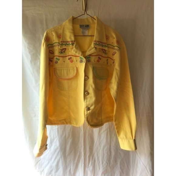 Vintage City Girl Cropped Yellow Embroidered Jacket Size 12 Button Up - Picture 1 of 4
